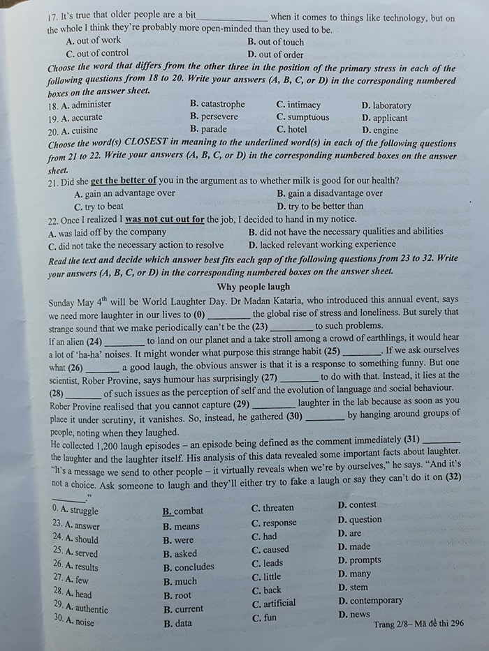 Đề tiếng Anh chuyên Sư Phạm 2022