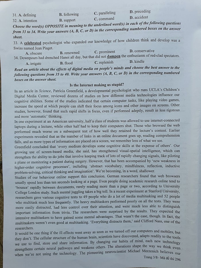 Đề tiếng Anh chuyên Sư Phạm 2022