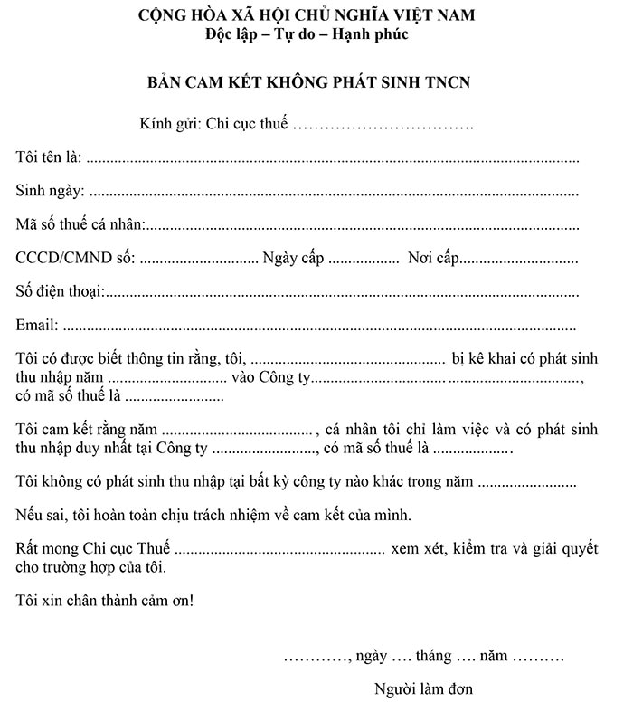 Bản cam kết không phát sinh TNCN
