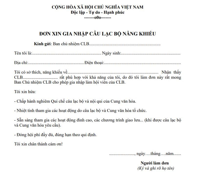 Đơn xin gia nhập câu lạc bộ năng khiếu 