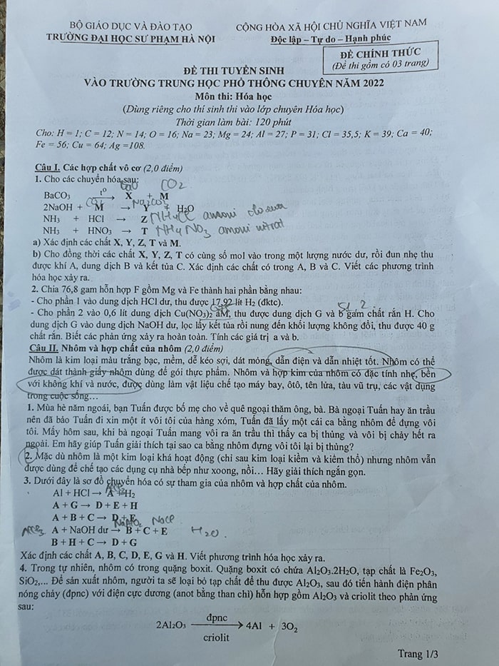 Đề Hóa chuyên Sư Phạm 2022