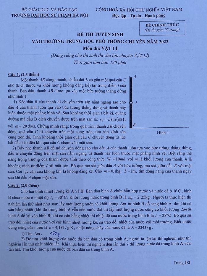 Đề Lý chuyên Sư Phạm 2022