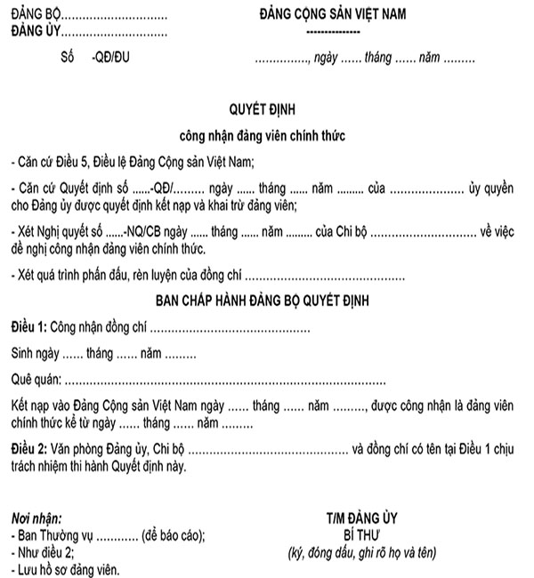 Mẫu 16A-KNĐ: Quyết định công nhận đảng viên chính thức