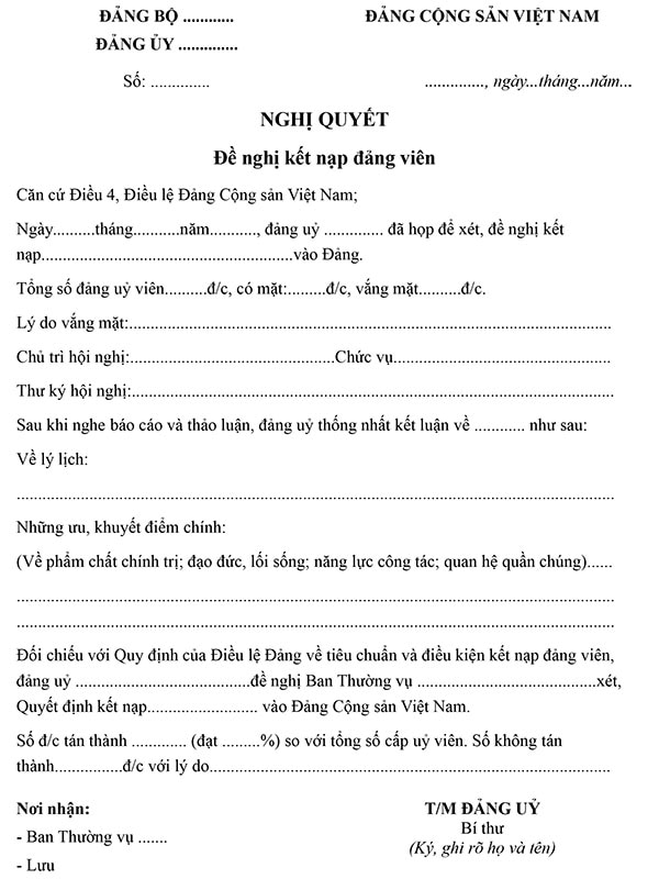 Mẫu 8-KNĐ: Nghị quyết đề nghị kết nạp Đảng viên