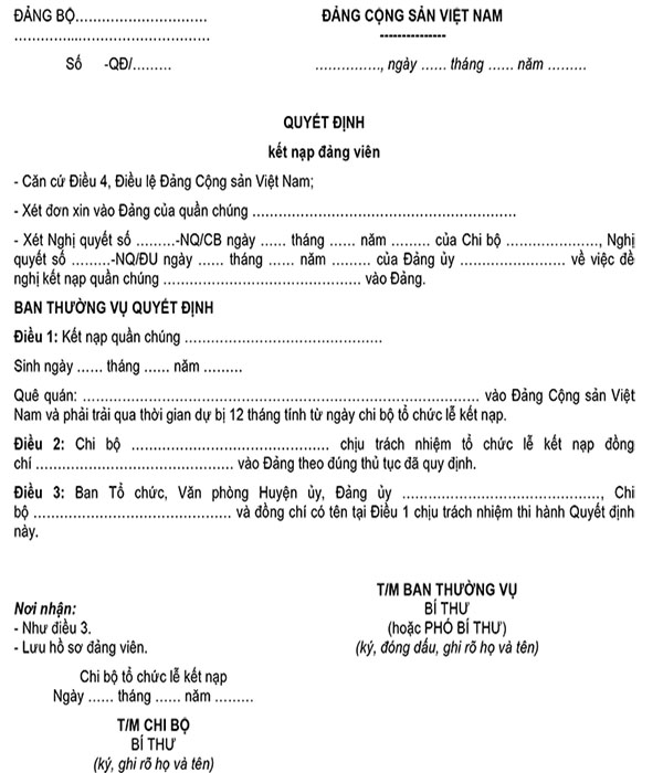 Mẫu 9-KNĐ: Quyết định kết nạp Đảng viên