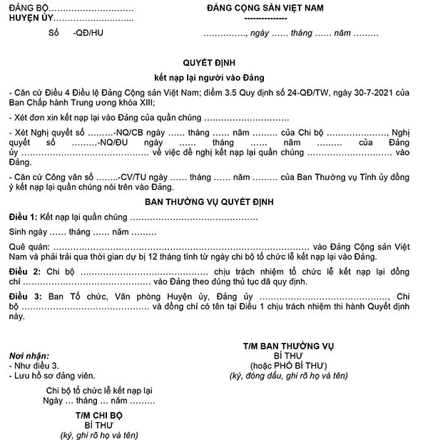 Mẫu 9A-KNĐ: Quyết định kết nạp lại Đảng viên