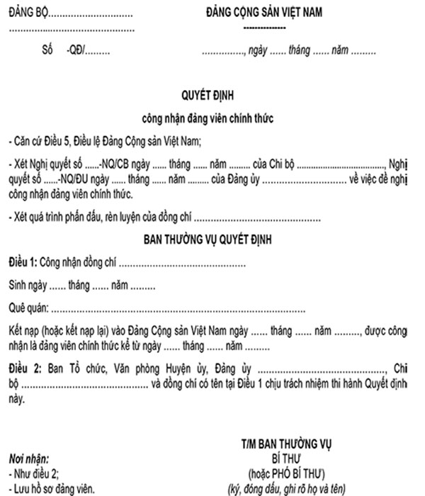 Mẫu 16-KNĐ: Quyết định công nhận đảng viên chính thức (của cấp ủy có thẩm quyền)