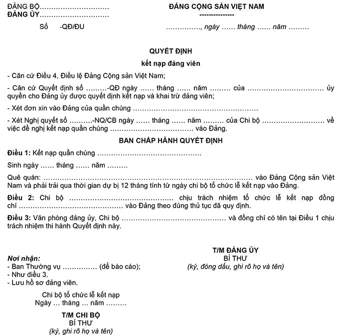 Mẫu 9B-KNĐ: Quyết định kết nạp đảng viên của đảng ủy cơ sở được ủy quyền