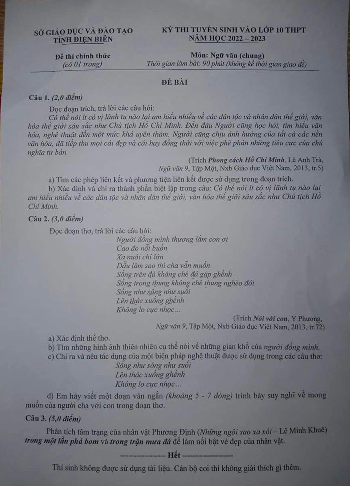 Đề thi vào lớp 10 tỉnh Điện Biên môn Văn 2022
