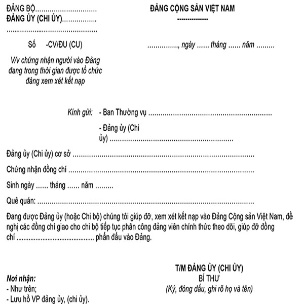 Mẫu 17-KNĐ: Giấy chứng nhận người vào Đảng trong thời gian tổ chức đảng xem xét kết nạp