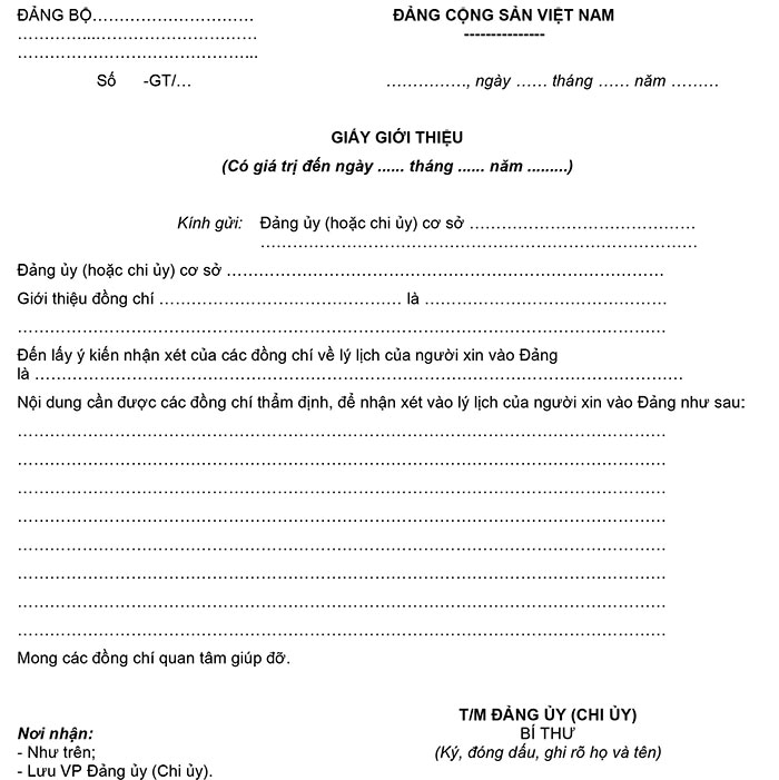 Mẫu 19-KNĐ: Mẫu giấy giới thiệu cử Đảng viên đi thẩm tra lý lịch