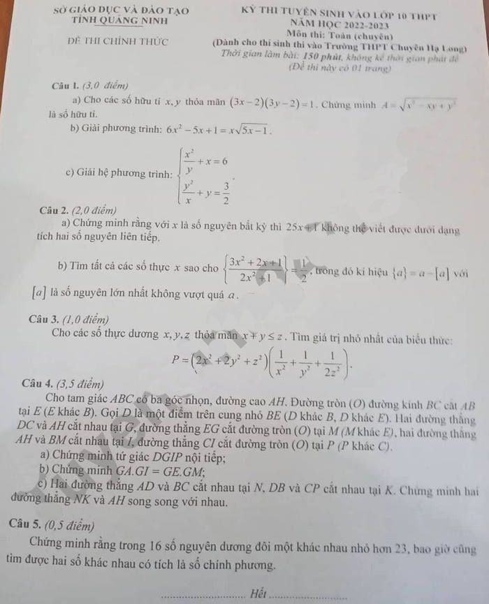 Đề thi vào lớp 10 môn Toán chuyên Hạ Long Quảng Ninh 2022