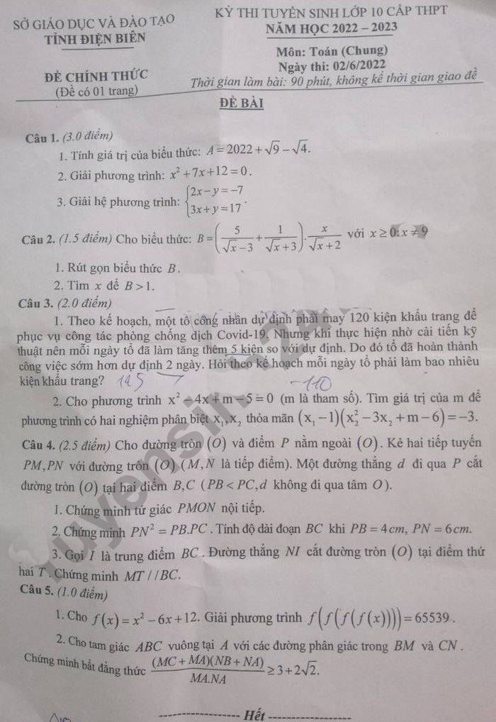 Đề thi vào lớp 10 tỉnh Điện Biên môn Toán 2022