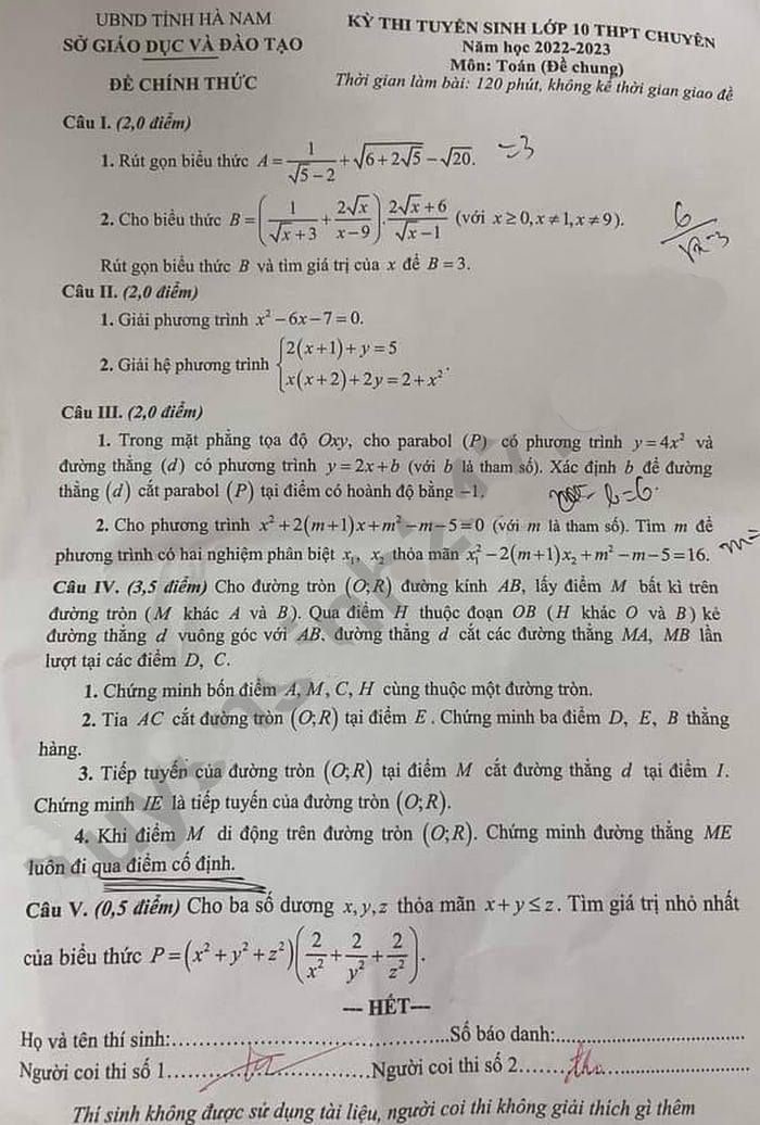 Đề thi vào 10 môn Toán Hà Nam 2022