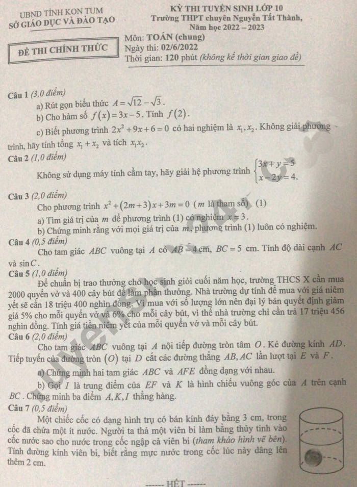 Đề thi vào lớp 10 chuyên Kon Tum 2022