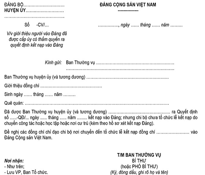 Mẫu 17D-KNĐ: Công văn giới thiệu người vào đảng đã được cấp ủy ra quyết định kết nạp đảng