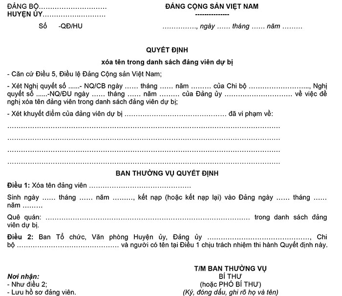 Mẫu 21-XTĐV: Mẫu quyết định xóa tên đảng viên trong danh sách đảng viên dự bị 