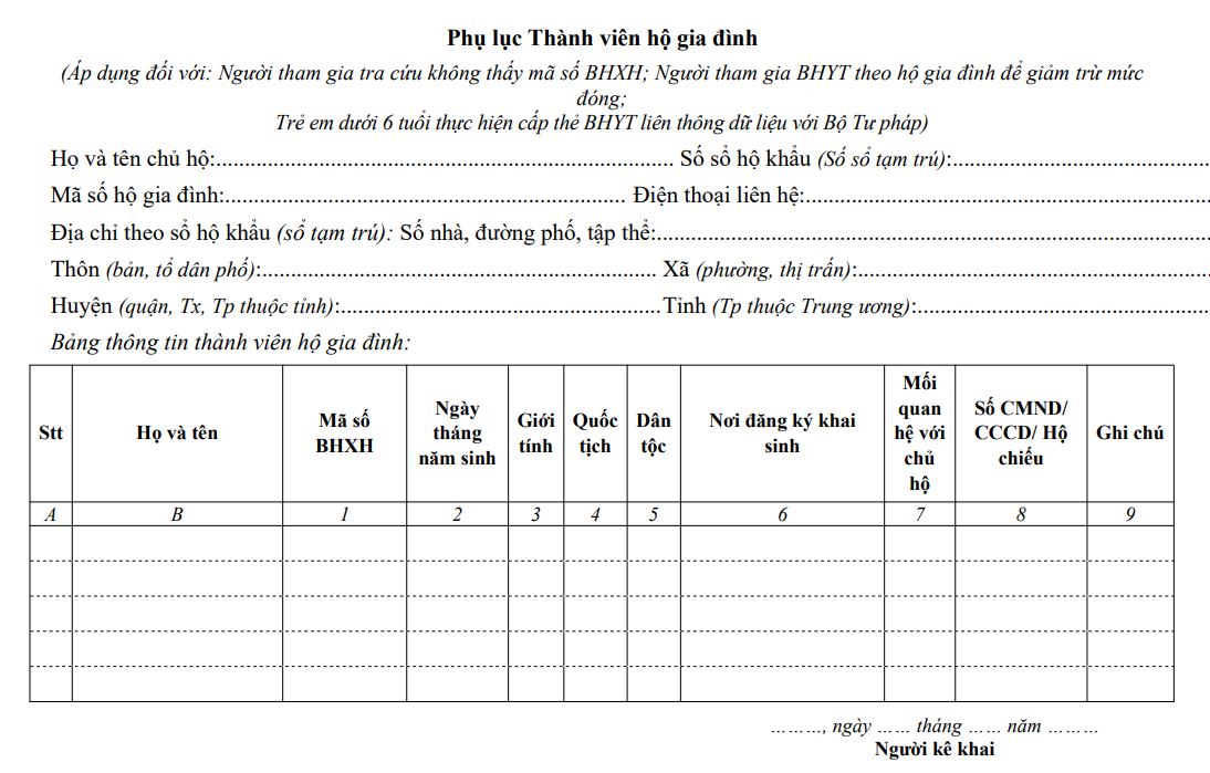 Phụ lục hộ gia đình tham gia BHXH