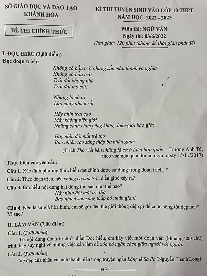 Đề thi tuyển sinh lớp 10 môn Văn Khánh Hòa 2022