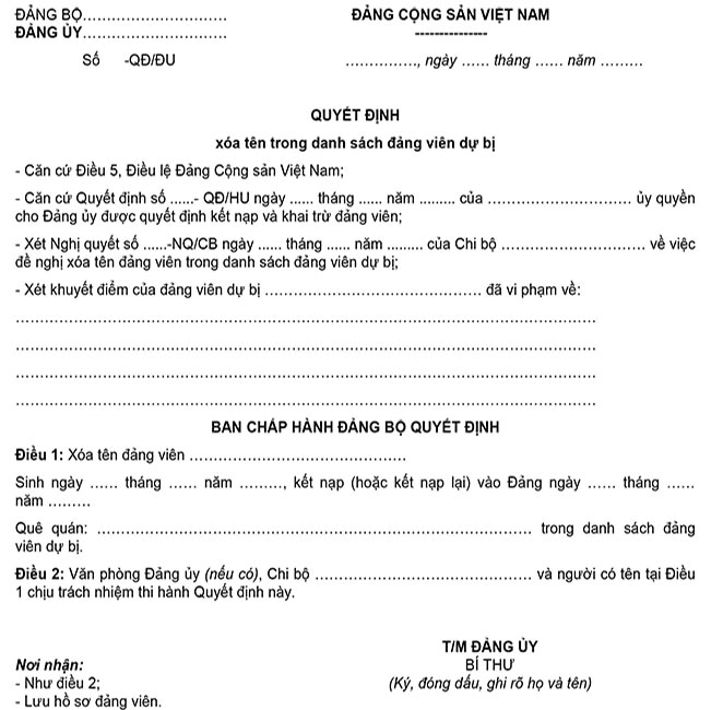 Mẫu 21A-XTĐV: Quyết định xóa tên đảng viên dự bị của đảng ủy cơ sở được ủy quyền