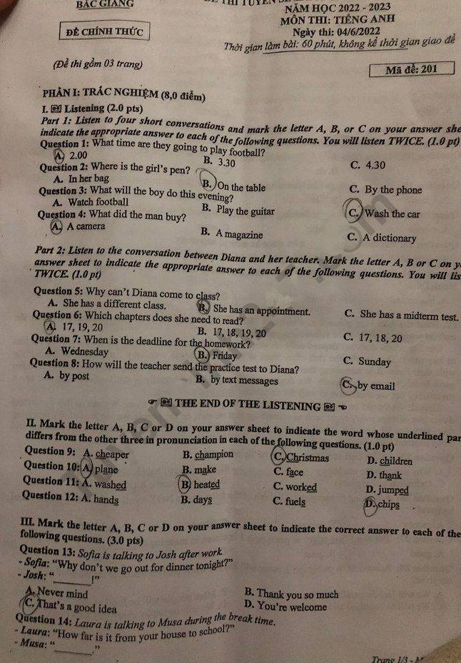 Đề thi vào lớp 10 môn Anh Bắc Giang 2022