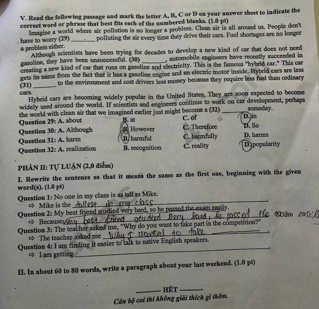 Đề thi vào lớp 10 môn Anh Bắc Giang 2022