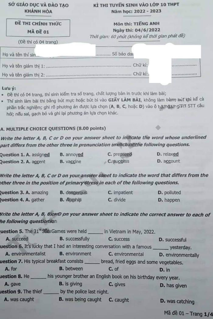 Đề thi tuyển sinh lớp 10 môn Anh Khánh Hòa 2022