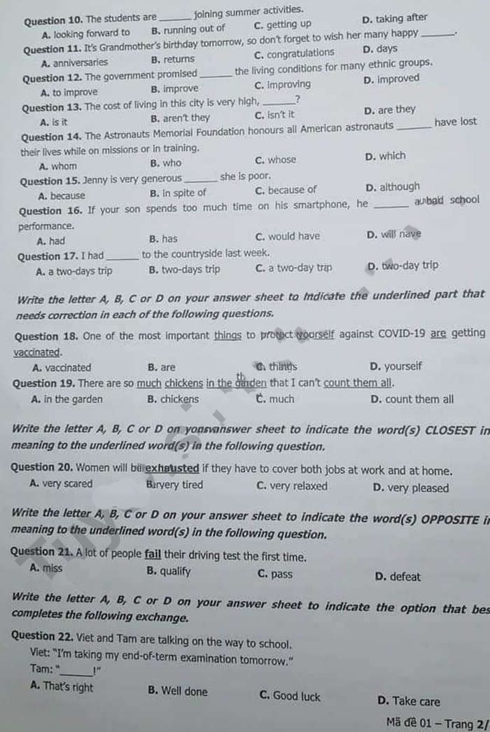 Đề thi tuyển sinh lớp 10 môn Anh Khánh Hòa 2022
