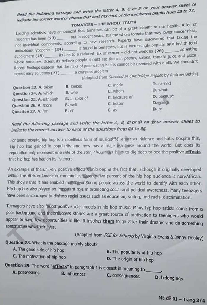 Đề thi tuyển sinh lớp 10 môn Anh Khánh Hòa 2022