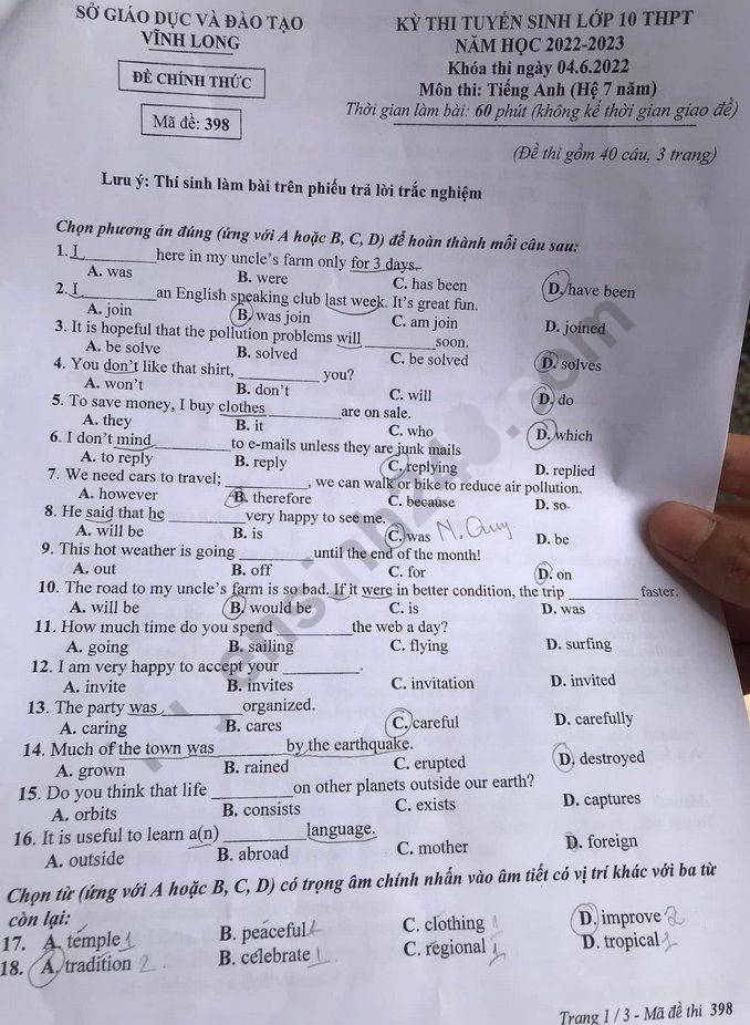 Đề thi vào 10 môn Anh Vĩnh Long 2022