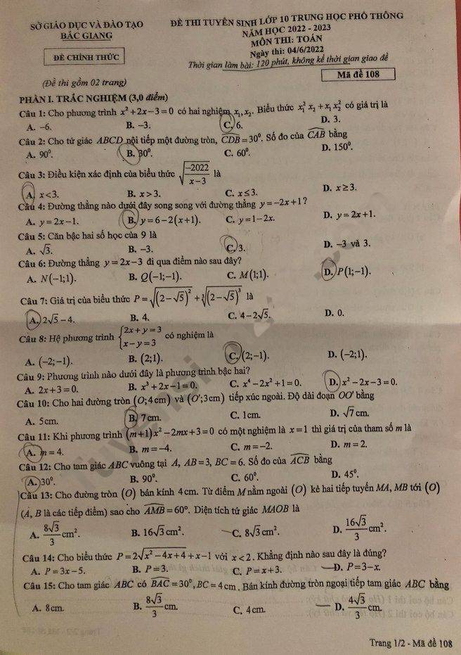 Đề thi vào lớp 10 môn Toán Bắc Giang 2022