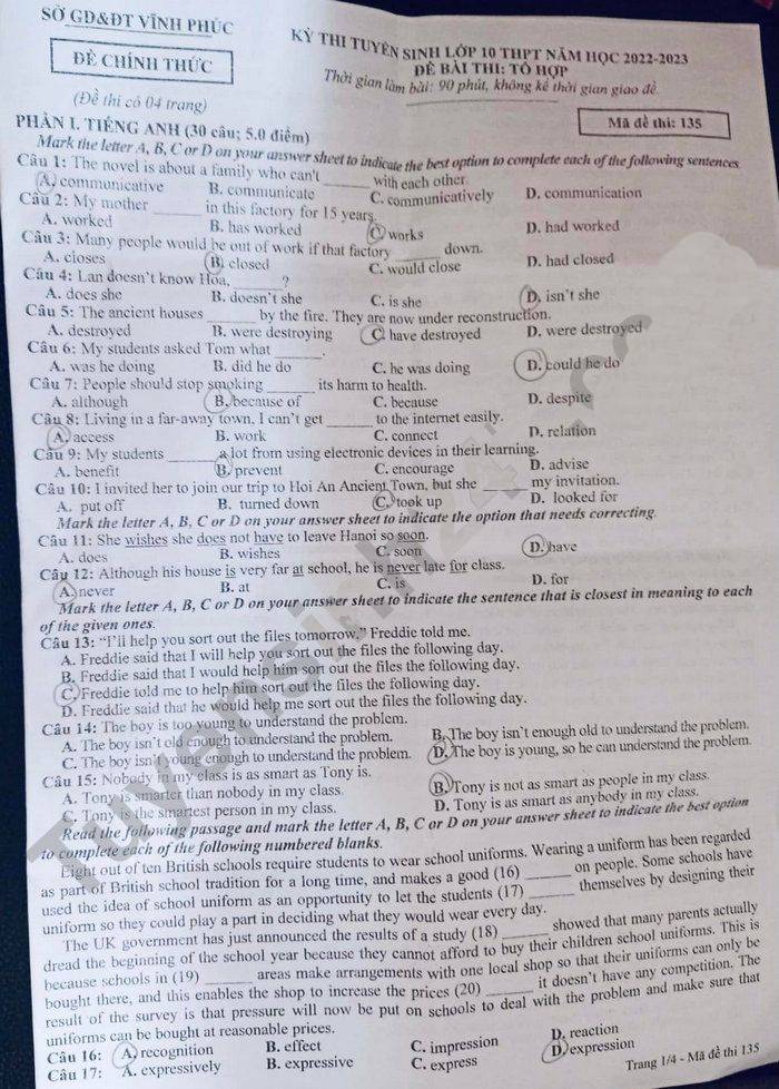 Đề thi Tổ hợp vào 10 Vĩnh Phúc 2022