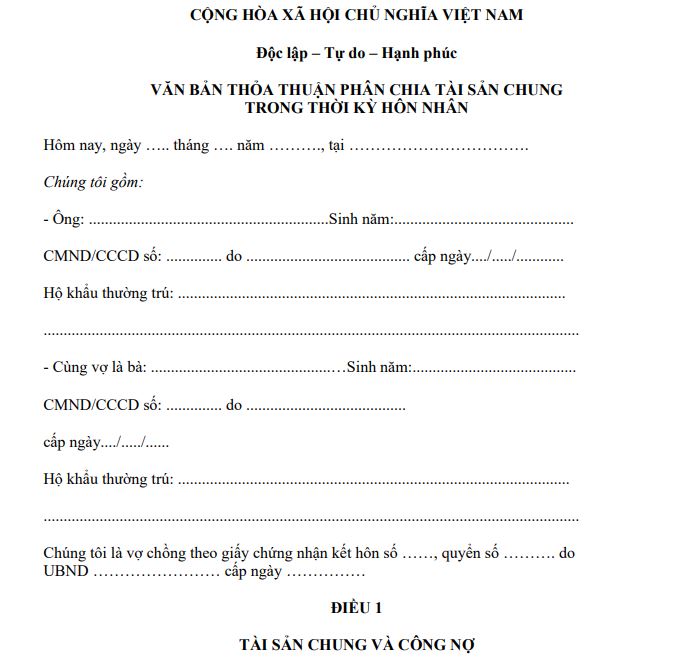 Văn bản thỏa thuận chia tài sản chung của vợ chồng