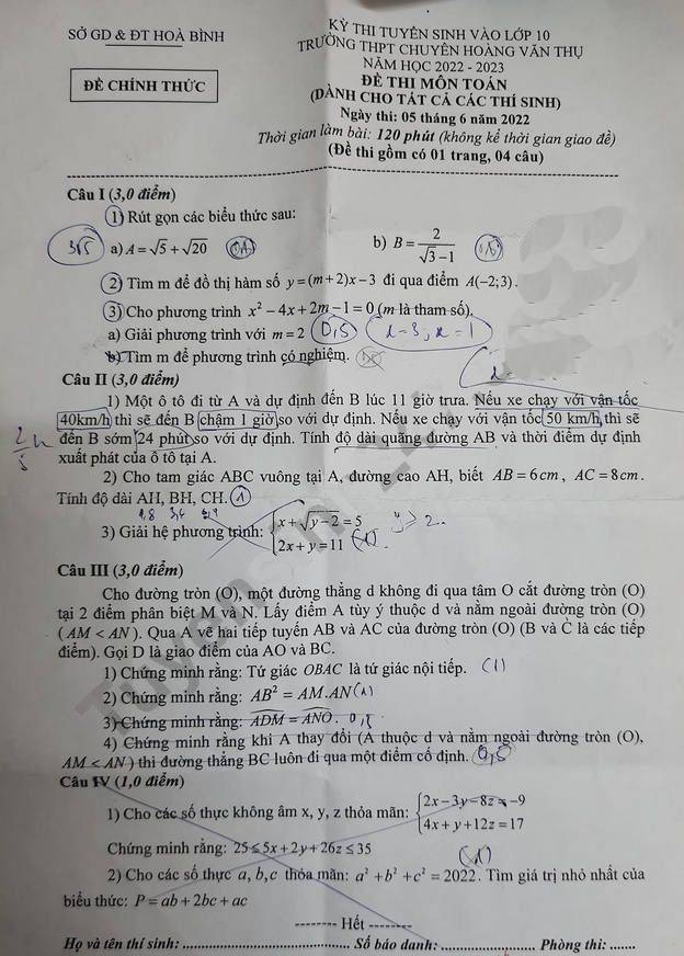 Đề thi vào 10 môn Toán Hòa Bình 2022
