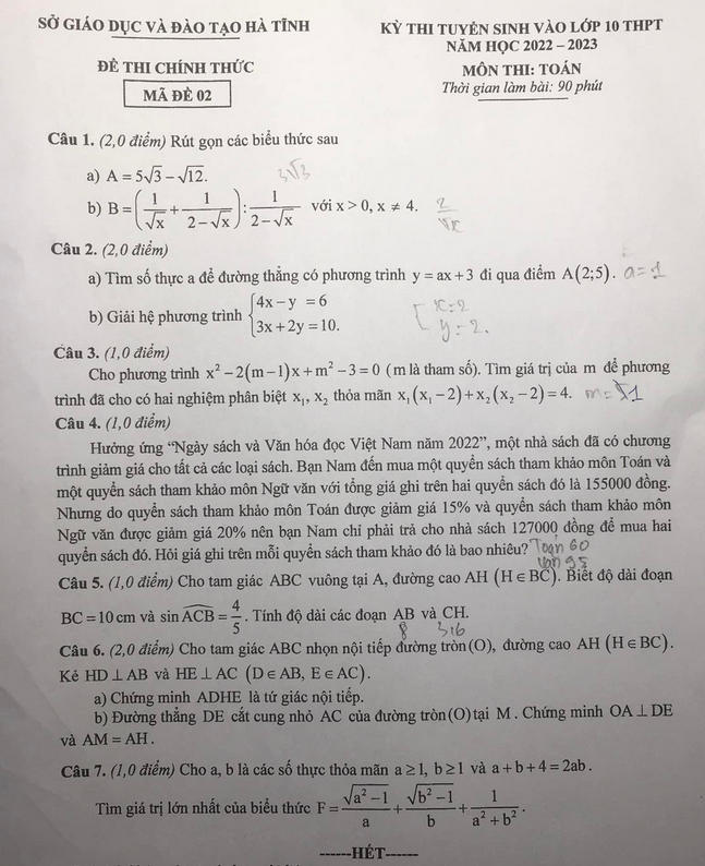 Dap an de thi vao lop 10 mon Toan - Ha Tinh 2022