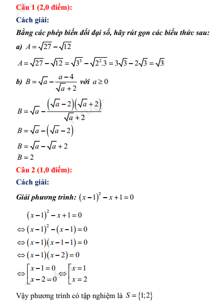 Đáp án đề thi vào lớp 10 môn Toán Quảng Trị 2022