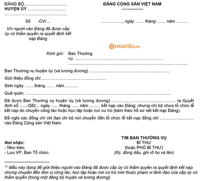 Mẫu 17C-KNĐ: Công văn giới thiệu người vào Đảng