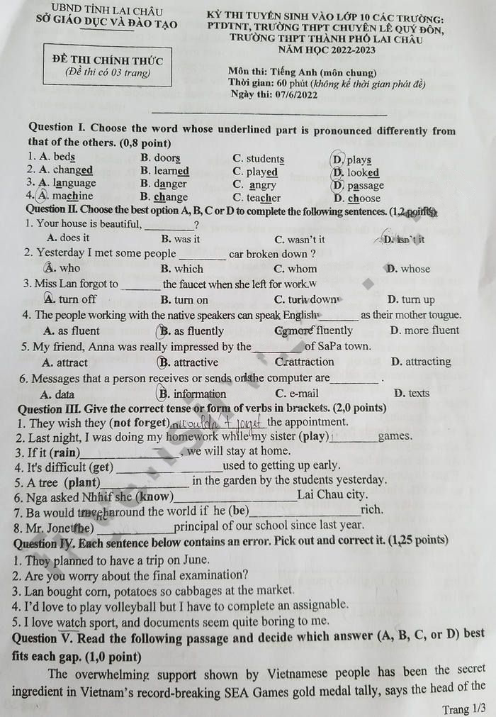 Đề thi tuyển sinh lớp 10 môn Anh 2022 Lai Châu