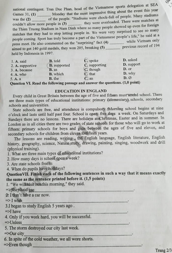 Đề thi tuyển sinh lớp 10 môn Anh 2022 Lai Châu