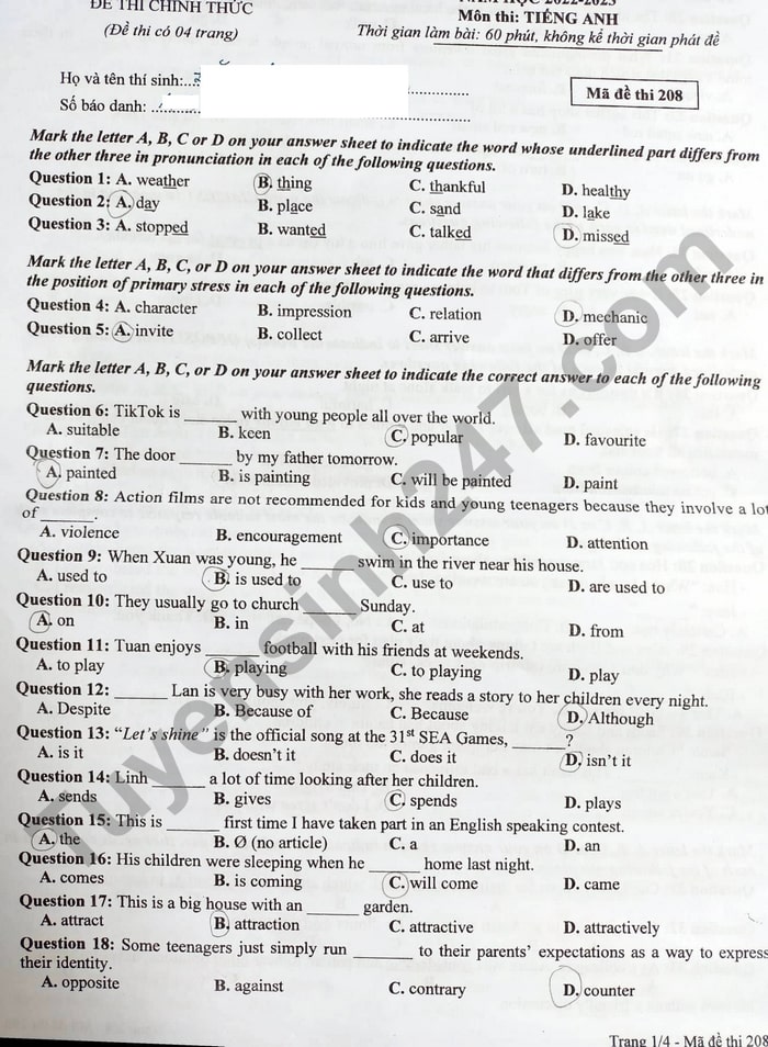 Đề thi vào lớp 10 môn Anh Nghệ An 2022