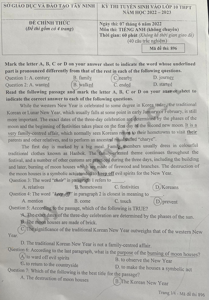 Đề thi vào 10 môn tiếng Anh Tây Ninh 2022