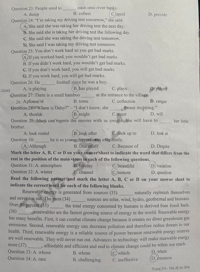 Đề thi vào 10 môn tiếng Anh Tây Ninh 2022