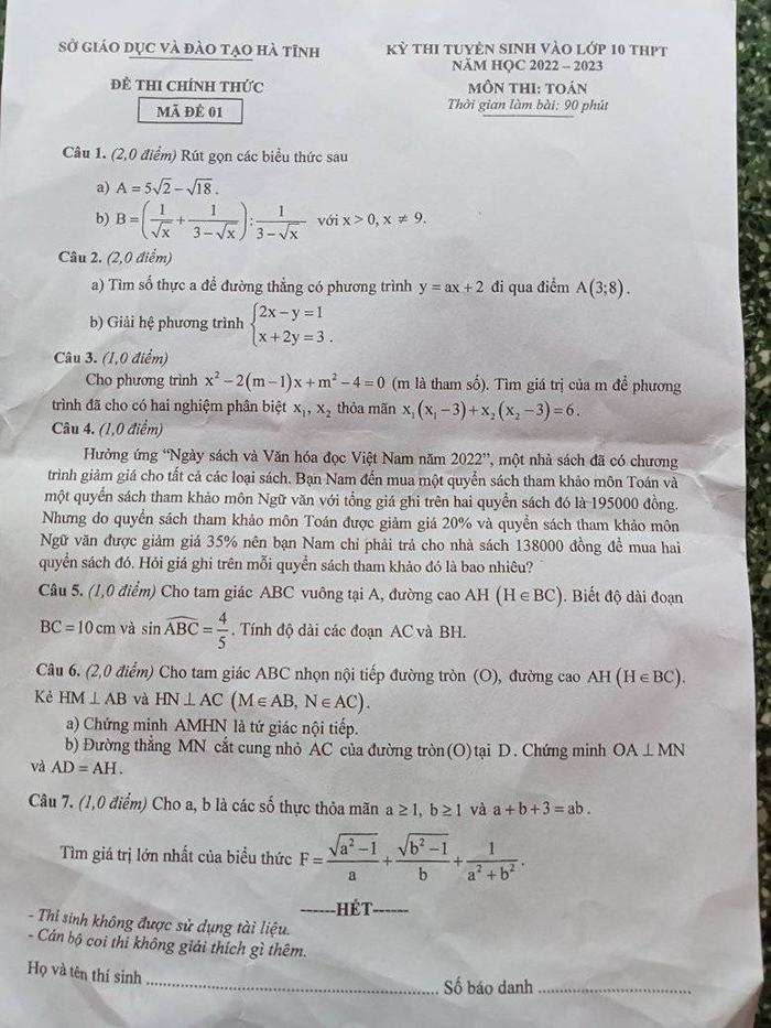 Đề thi vào lớp 10 môn Toán Hà Tĩnh 2022