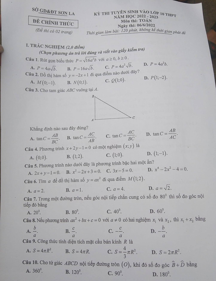 Đề thi vào 10 môn Toán Sơn La 2022