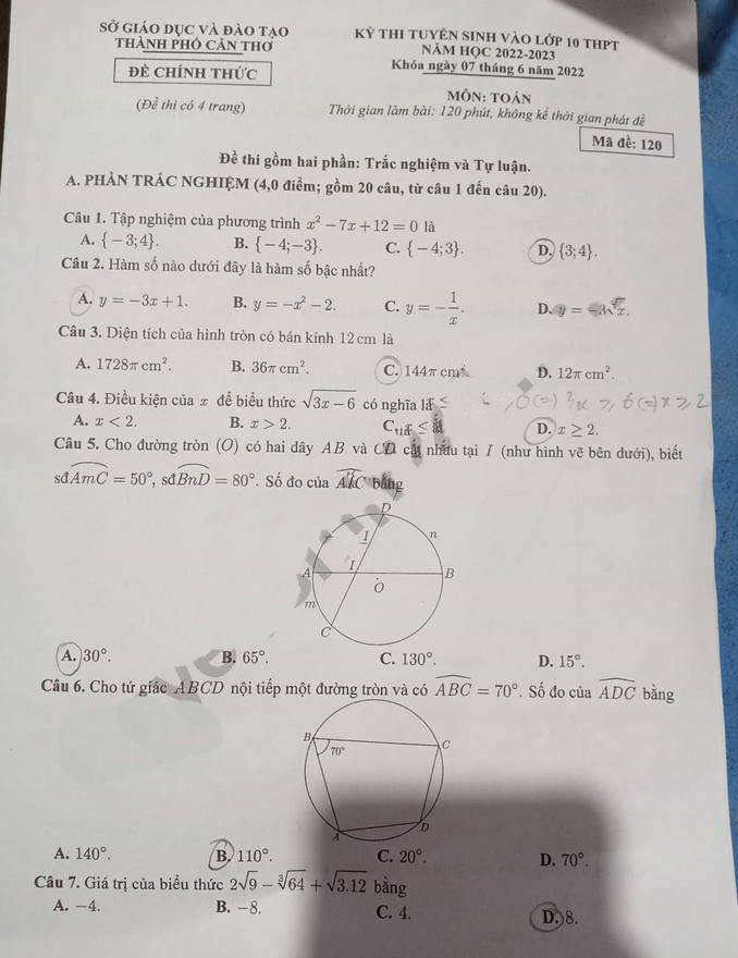 Đề thi vào lớp 10 môn Toán Cần Thơ 2022