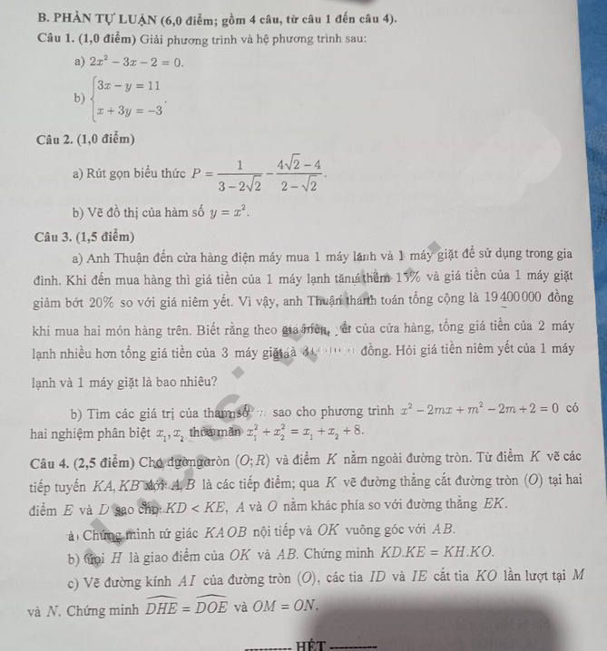 Đề thi vào lớp 10 môn Toán Cần Thơ 2022