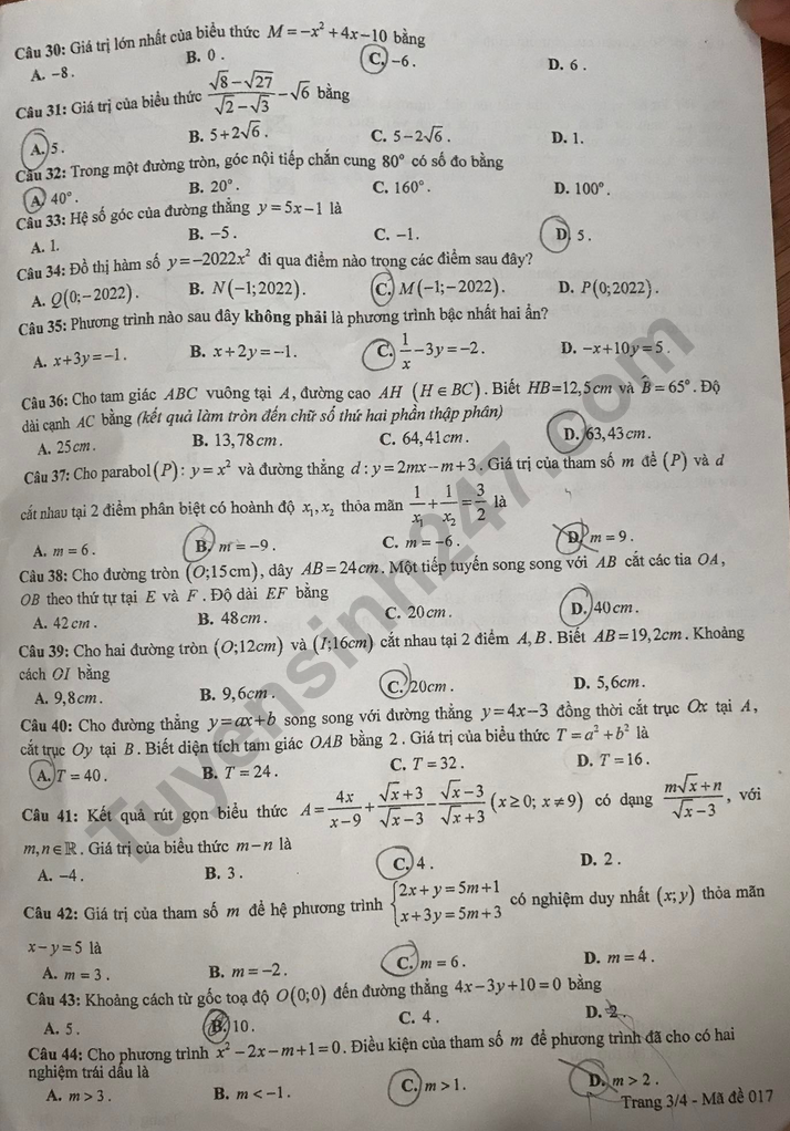 Dap an de thi vao lop 10 nam 2022 mon Toan - tinh Yen Bai