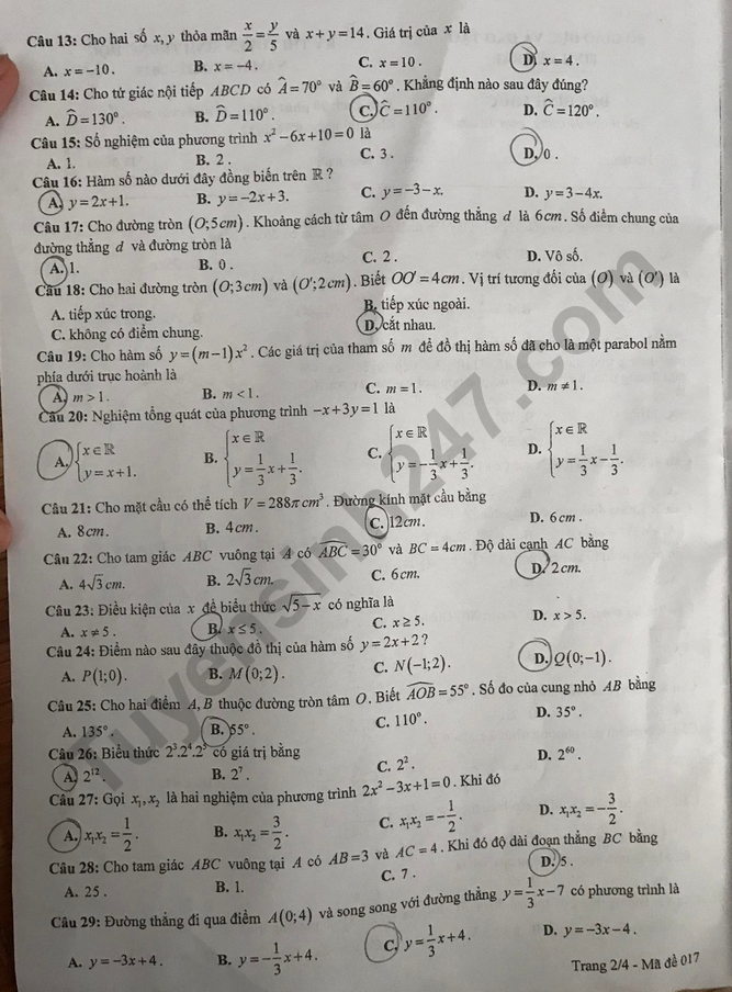 Dap an de thi vao lop 10 nam 2022 mon Toan - tinh Yen Bai