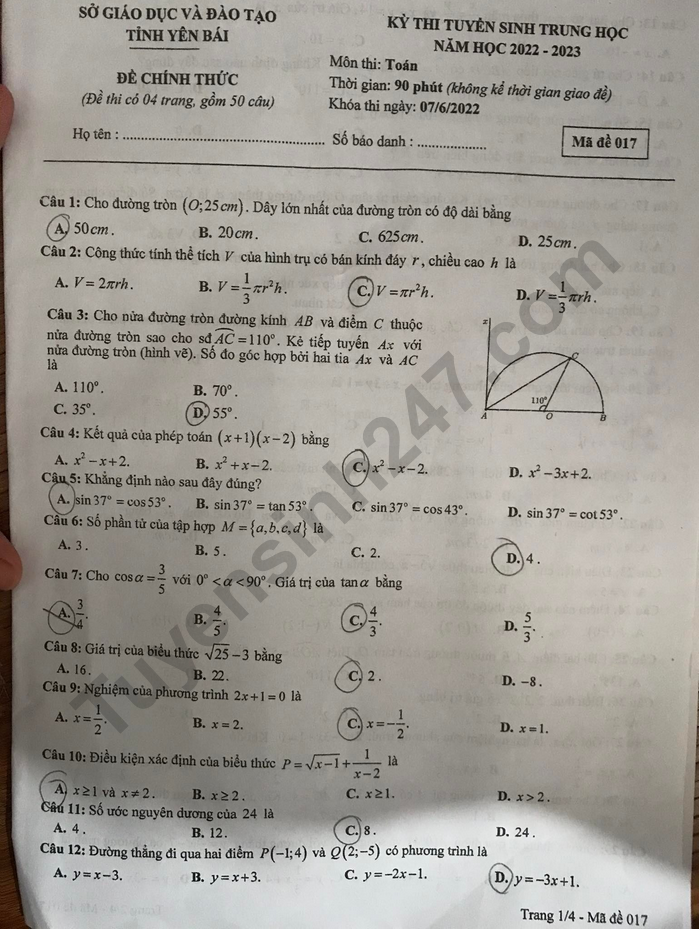 Dap an de thi vao lop 10 nam 2022 mon Toan - tinh Yen Bai