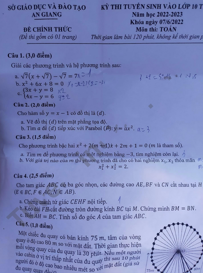 Đề thi vào lớp 10 môn Toán An Giang 2022